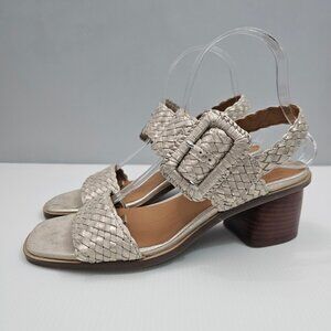 NEW Gentle Souls Madelyn Woven Sandal Womens 8.5 Ice Metallic Leather Block Heel